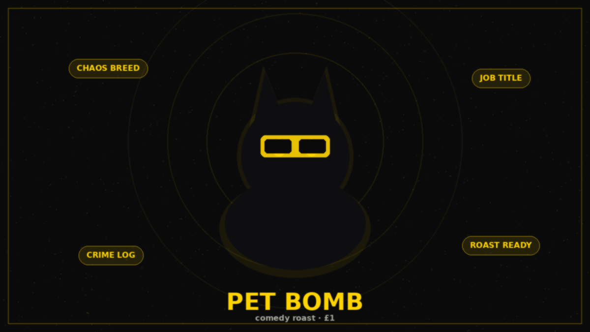 Dark yellow-and-black Pet Bomb illustration: a smug cat in sunglasses ready for a roast